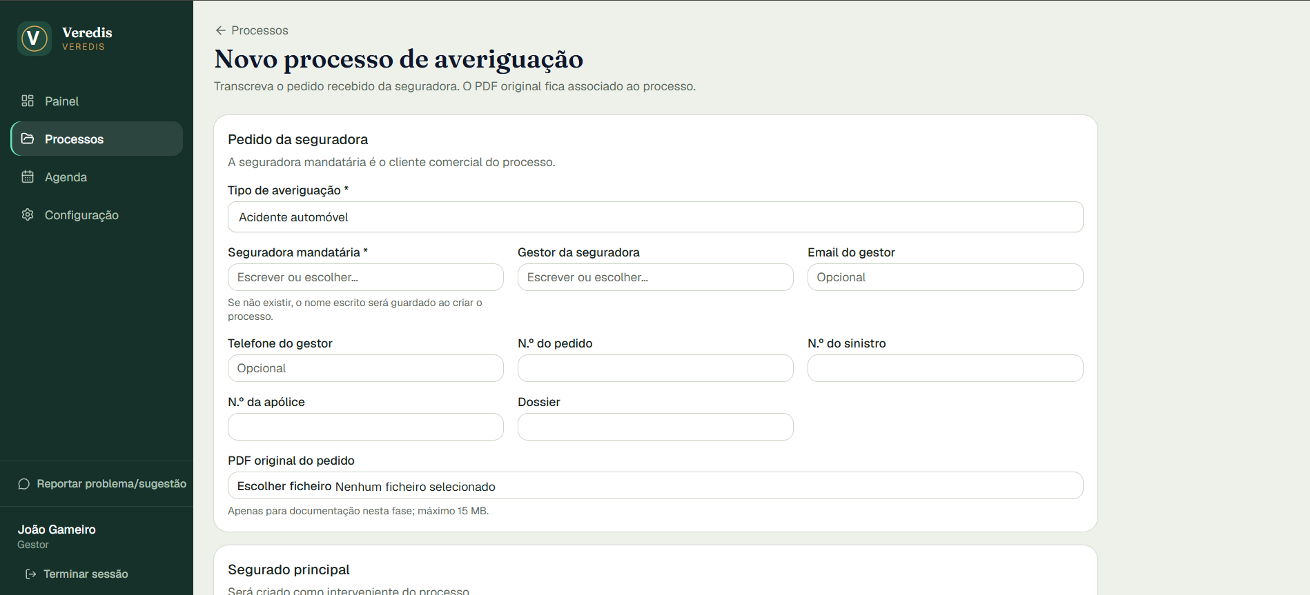 Formulário de registo de um novo processo de averiguação na Veredis