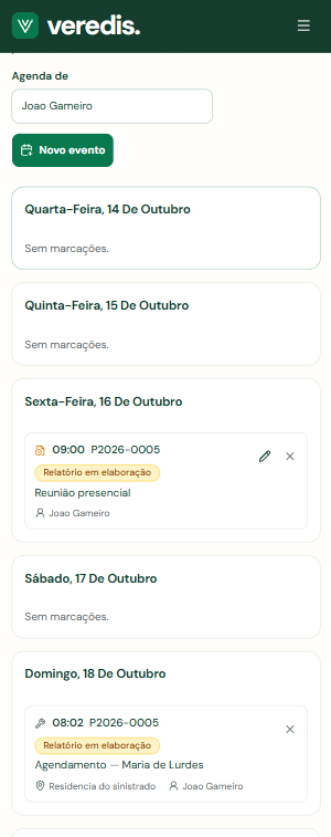 Agenda no telemóvel, com as marcações de cada dia e o estado do processo