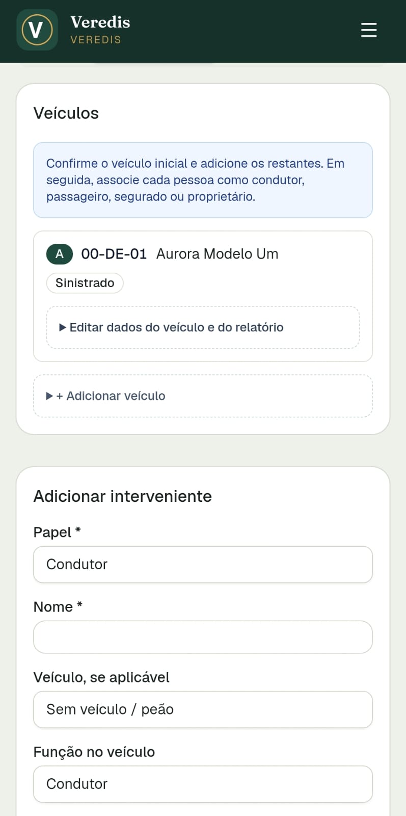 Ecrã de identificação de veículos e intervenientes no telemóvel, dados de demonstração