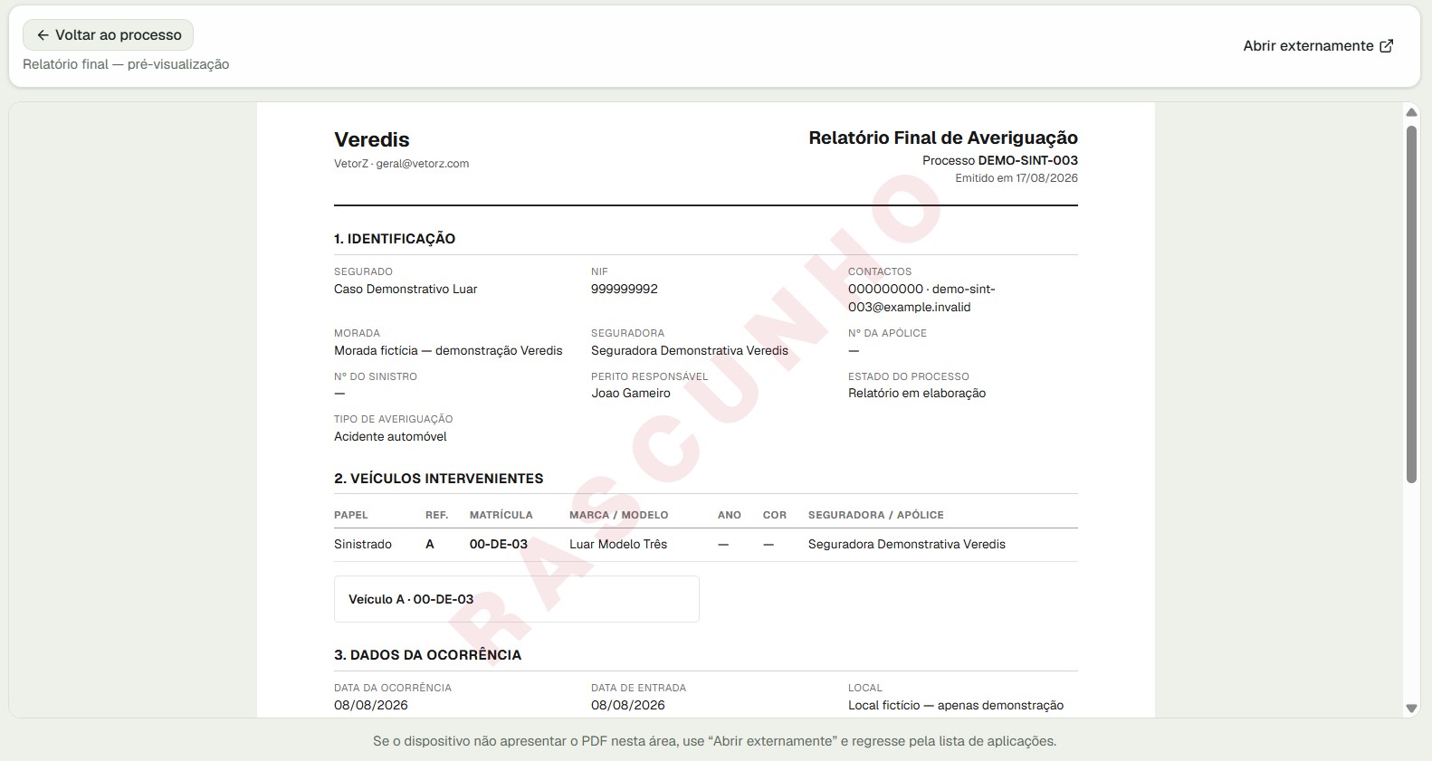 Pré-visualização em PDF do relatório final de averiguação, com marca de rascunho, dados de demonstração